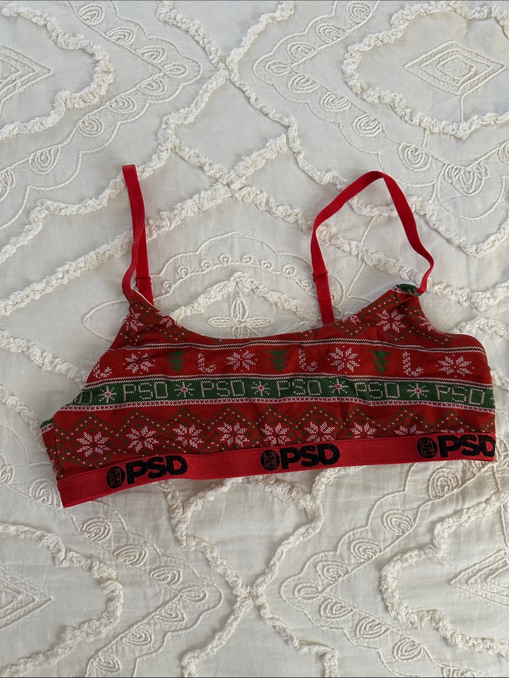 PSD Red Knit Holiday Bralette with Green Trim